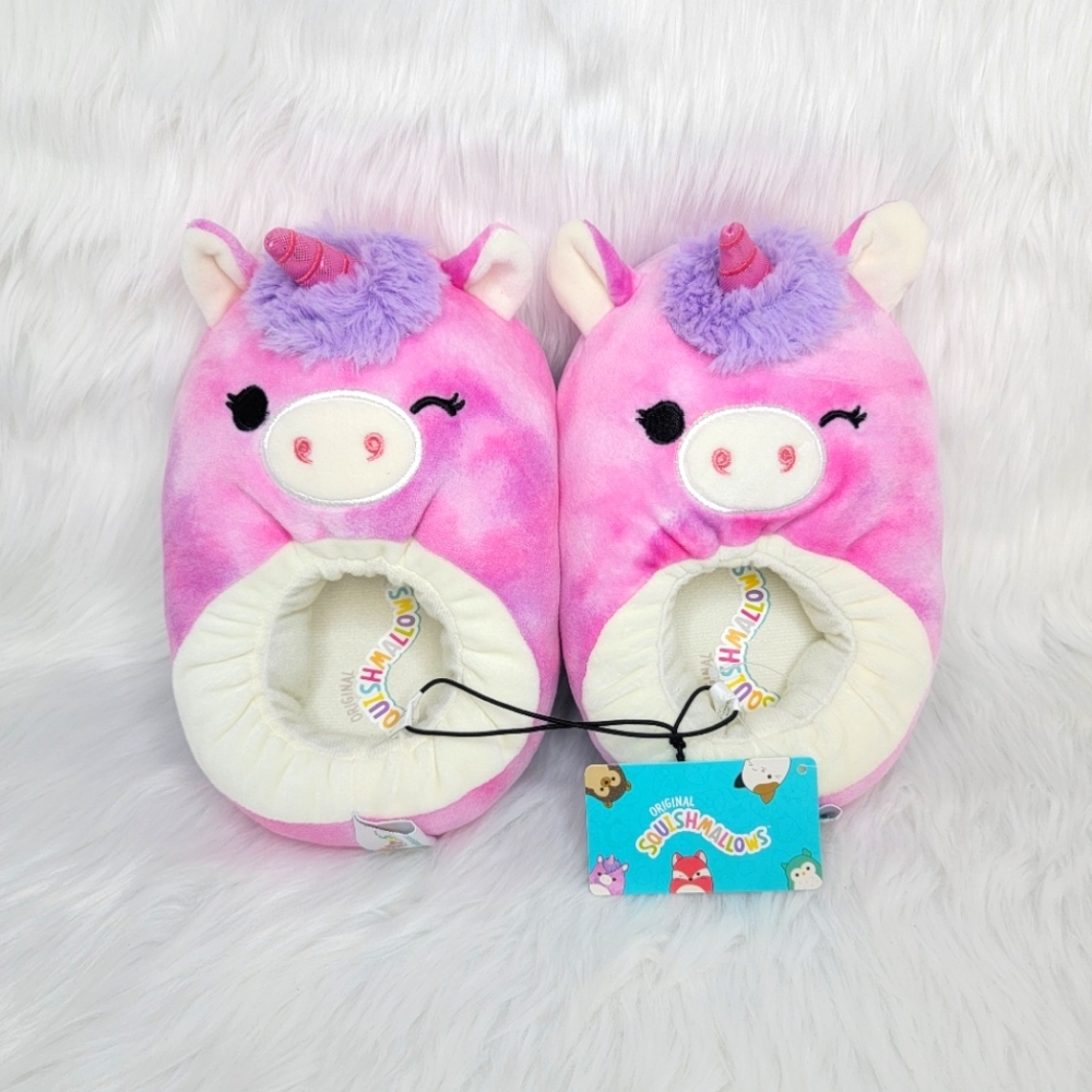 Squishmallows lola the unicorn plush slippers.